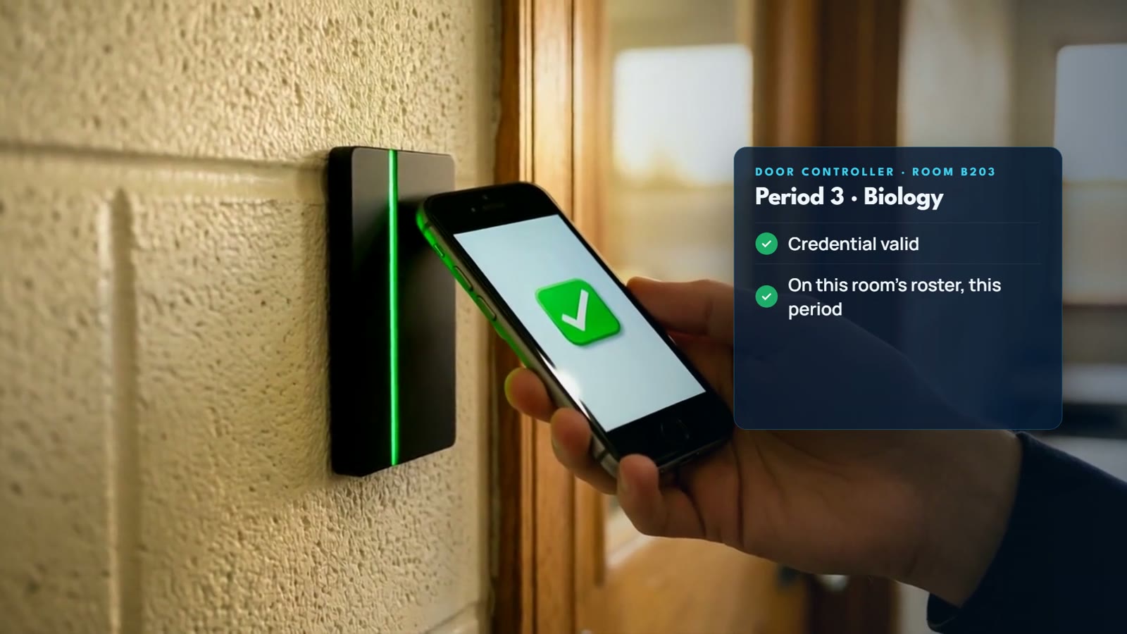 A phone tapped on a ClassLock reader; the door controller confirms the student is on this room's roster this period